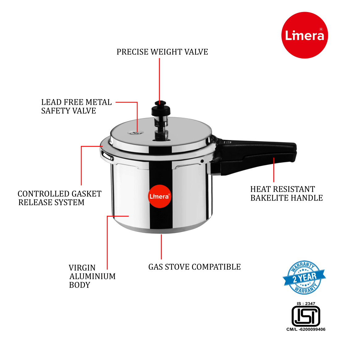 Limera Ixora Plus Aluminum 2 Litres Gas and Induction Compatible Outer Lid Pressure Cooker (Silver)