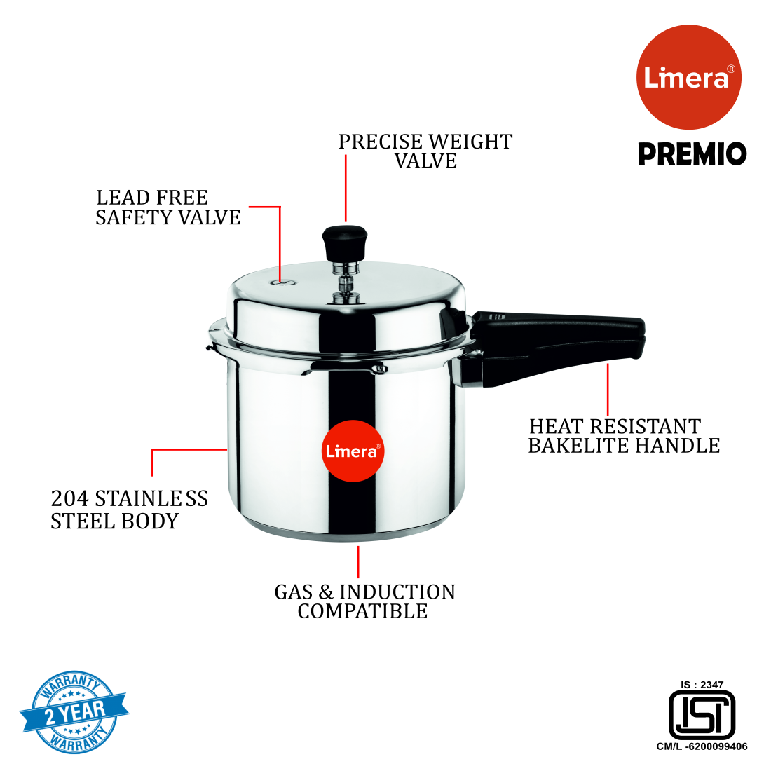 Limera Premio 1.5 Litres Stainless Steel Gas and Induction compatible Pressure Cooker (Silver)