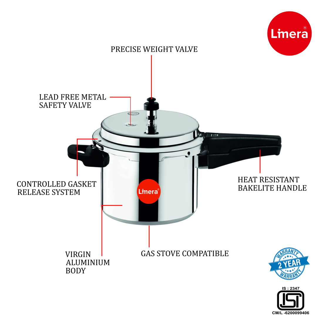 Limera Ixora Plus Aluminum 5 Liters Gas and Induction Compatible Outer Lid Pressure Cooker (Silver)