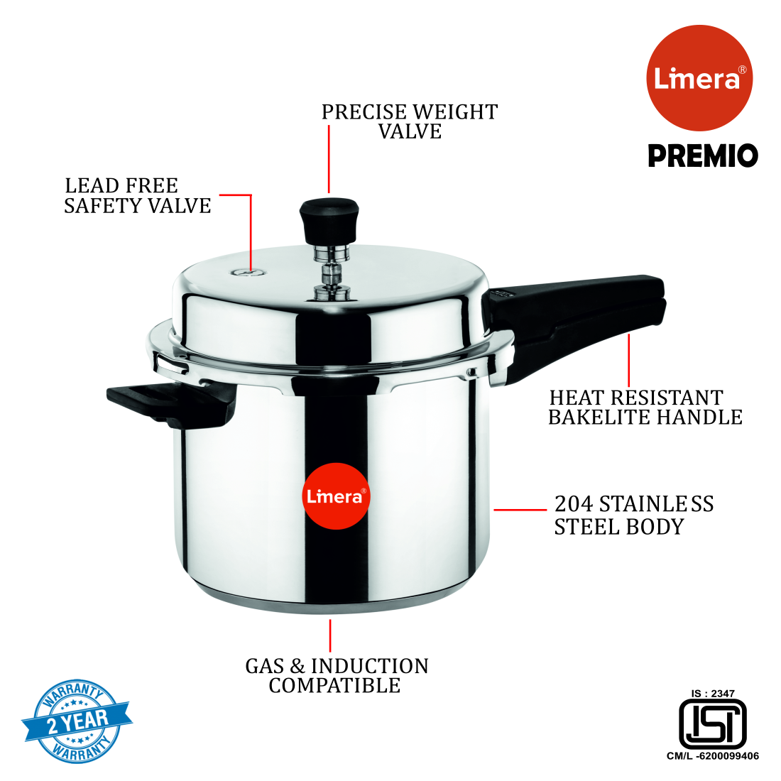 Limera Premio 3 Liters Stainless Steel Gas and Induction compatible Pressure Cooker (Silver)